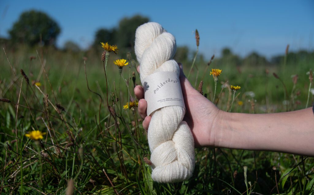 Een hand houdt een roomwitte streng Polderdraad omhoog tussen de veldbloemen